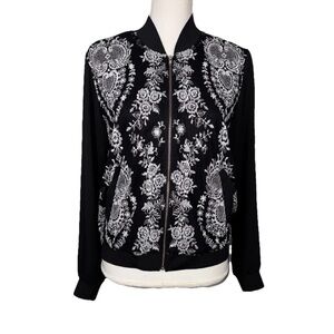 Society Girl Large Zip Black and White Embroidered Bomber Type Jacket Boho-chic